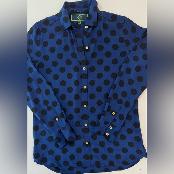 C. Wonder Tops - C Wonder 100% Silk Polka Dot Long Sleeve Button Down Blouse Blue Black XS